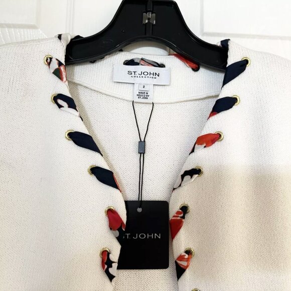 NWT $1395 St. John Santana Knit White Lace Trimmed Sweater Blazer Cardigan Sz 2 - Picture 3 of 7